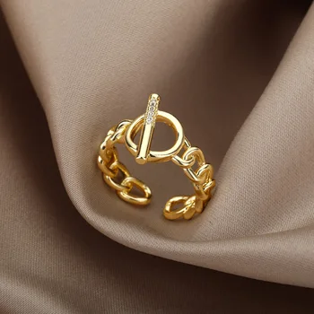 Кольца с цепочкой из нержавеющей стали с пряжкой OT Для женщин и мужчин, открытое обручальное кольцо золотого цвета, роскошные эстетические ювелирные изделия, подарки для пары